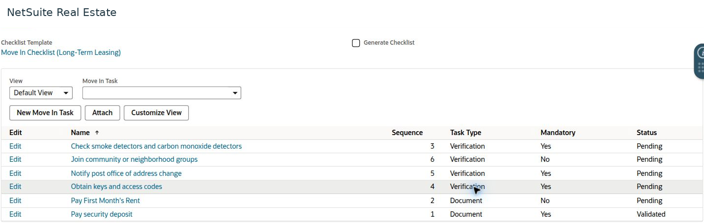 NetSuite Real Estate workspace view: tenant move-in