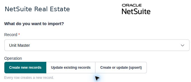 NetSuite Real Estate import Hub with Unit Master and Create new records selected