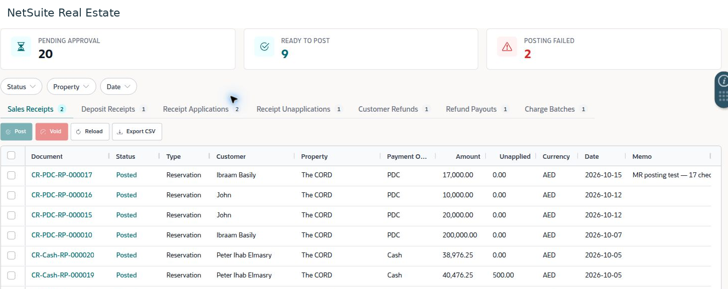 NetSuite Real Estate workspace view: posting console