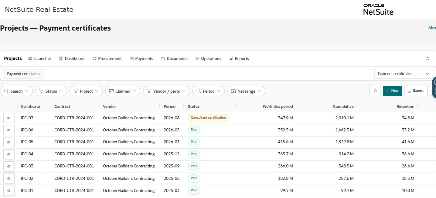 NetSuite Real Estate contractor payment certificates populated workspace