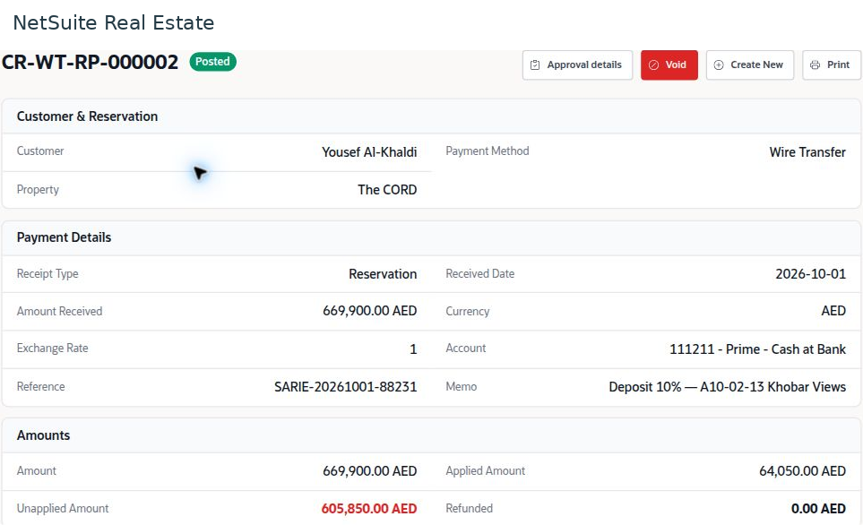 NetSuite Real Estate workspace view: sales receipt
