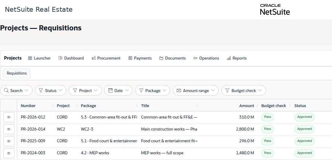NetSuite Real Estate procurement requisitions populated workspace