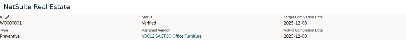 NetSuite Real Estate — A populated work-order summary shows preventive work, High priority, Verified status, vendor assignment, and completion dates.
