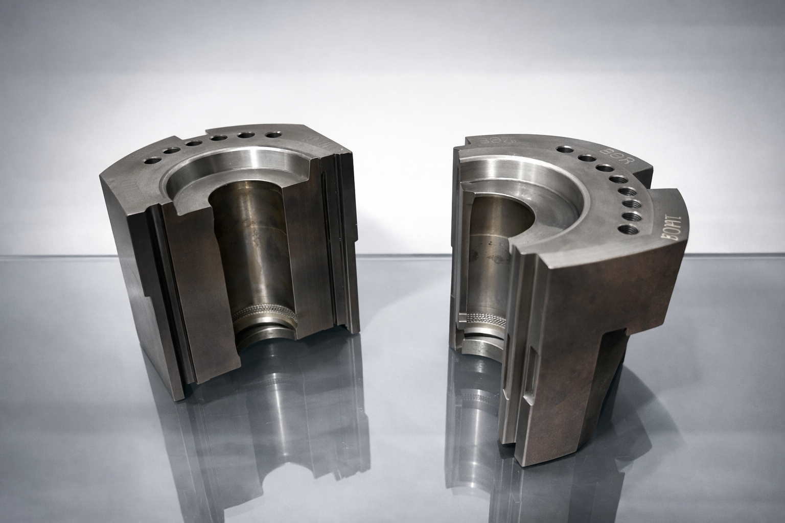 Split mold halves for glass container forming, cross-section showing precision bore and dovetail mating faces