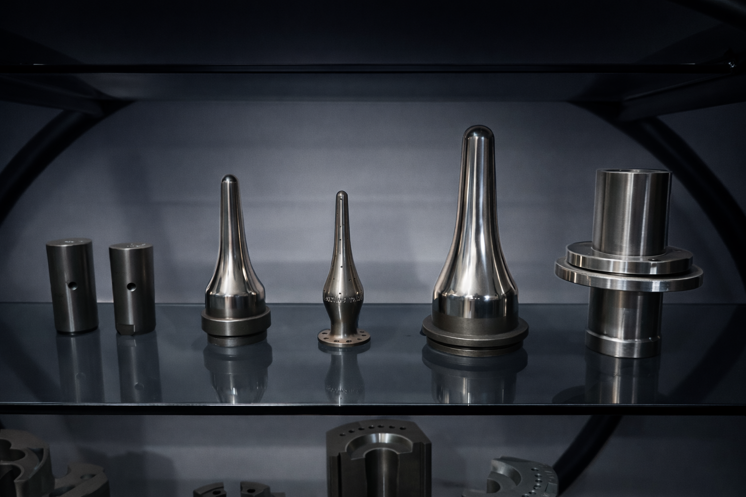 Showcase of precision-turned IS machine plungers, pins, and a flanged bushing