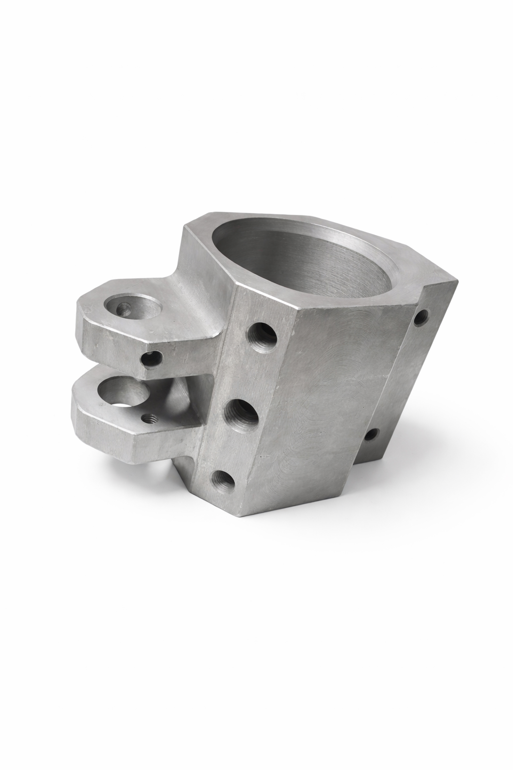 CNC-machined mechanism bracket with precision bore for glass forming machines