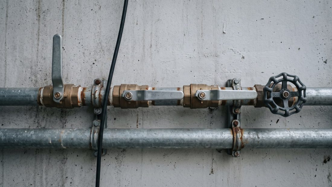 Pipe manifold with three lever ball valves and one handwheel valve.
