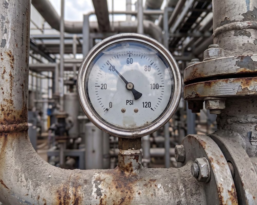 Pressure gauge on plant pipework.