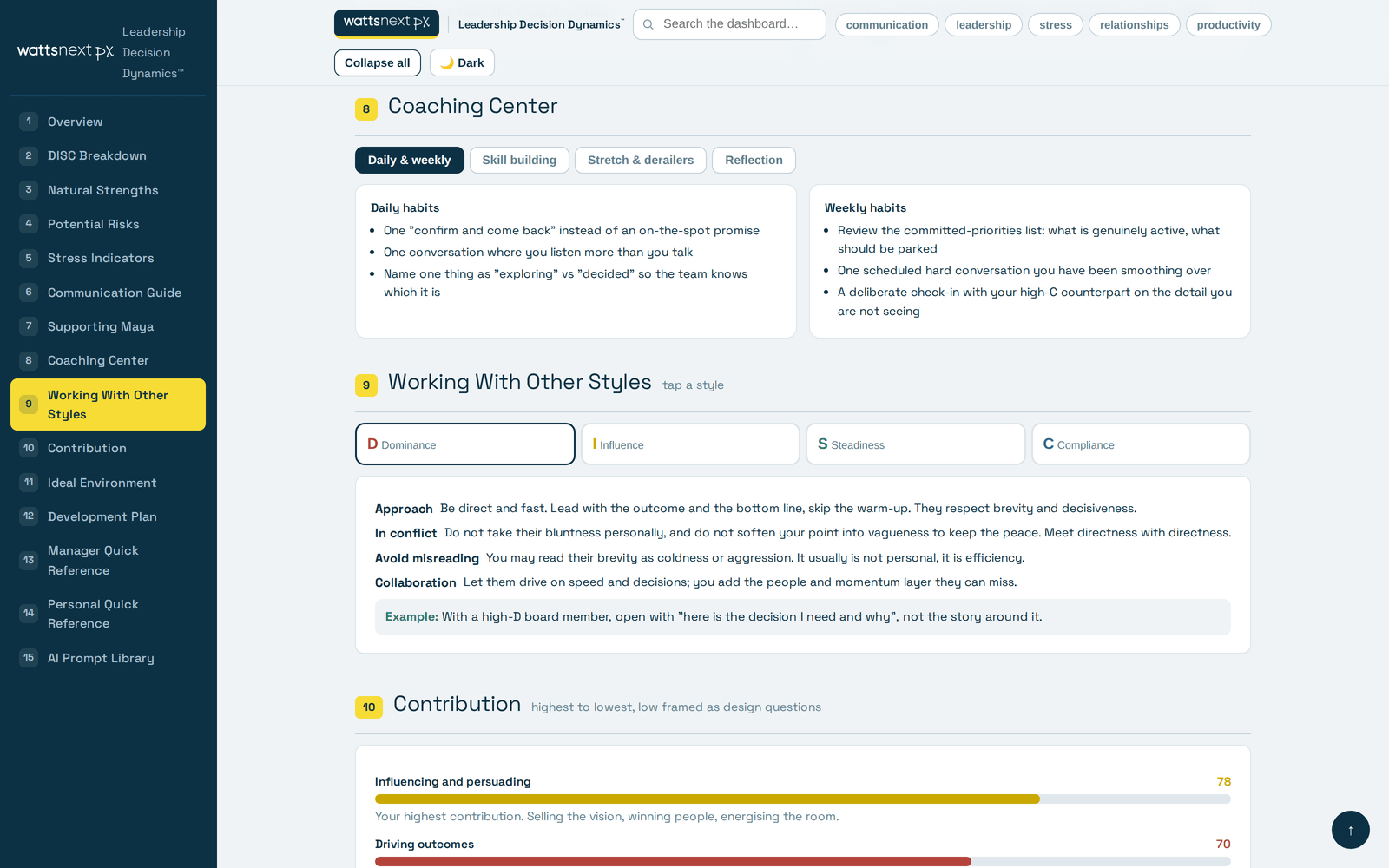 Coaching section of the dashboard