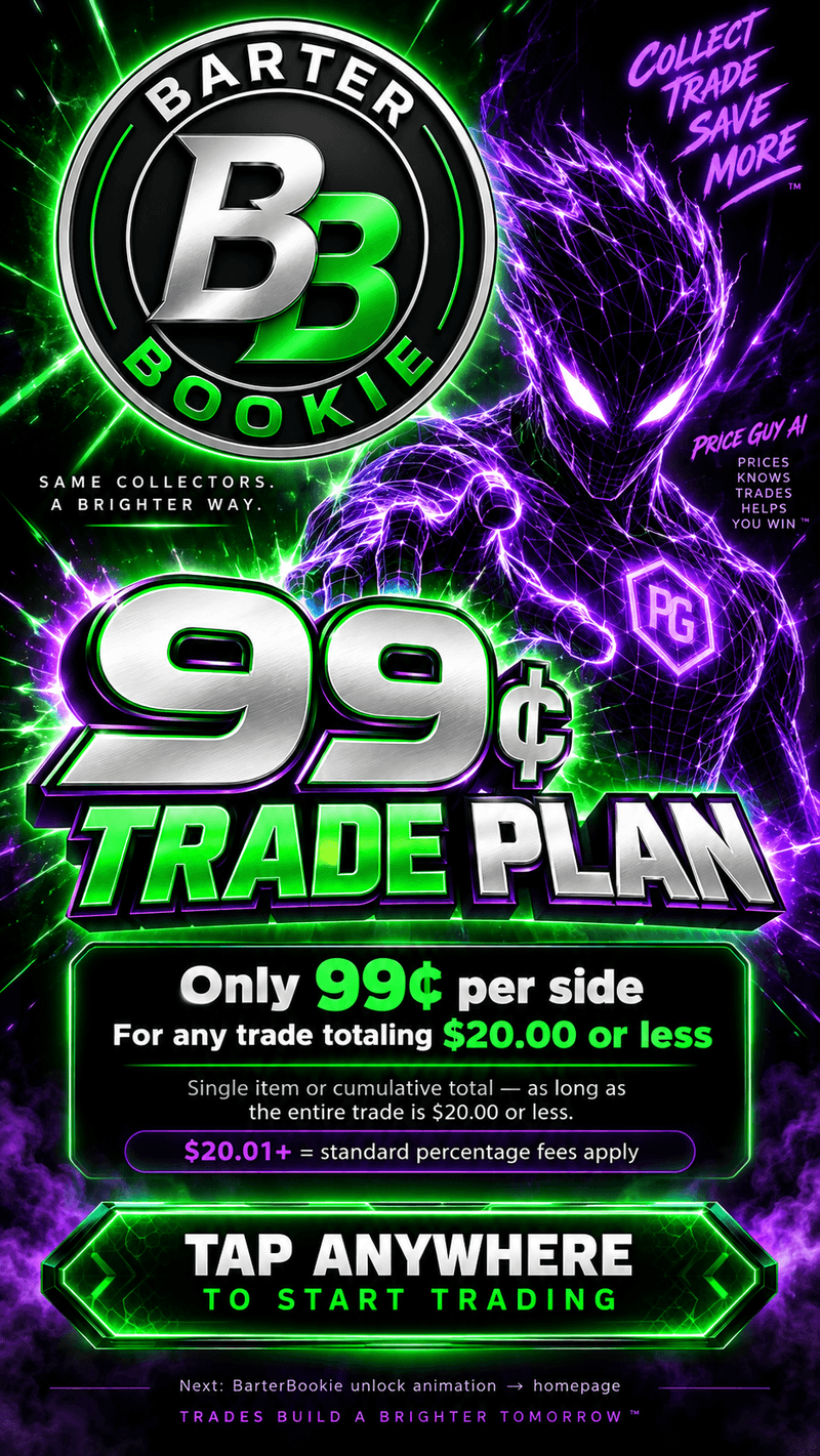 BarterBookie 99 cent Trade Plan. Only 99 cents per side for any trade totaling $20 or less. Tap anywhere to start trading.
