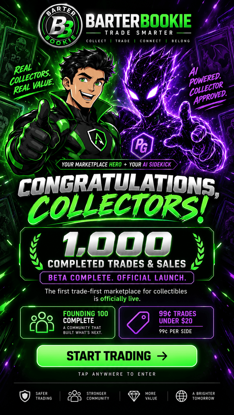 Congratulations collectors. 1000 completed trades and sales. Beta complete, official launch. Founding 100 complete. Tap anywhere to start trading.