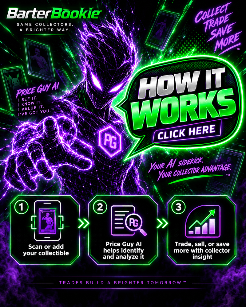 Price Guy AI How It Works: Scan or add your collectible, Price Guy AI helps identify and analyze it, trade sell or save more with collector insight.