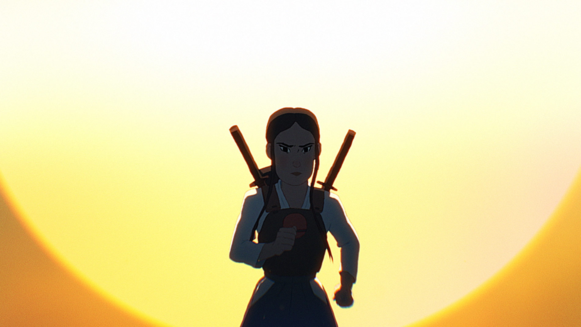 Aiko, carrying two swords, silhouetted against a golden sun.