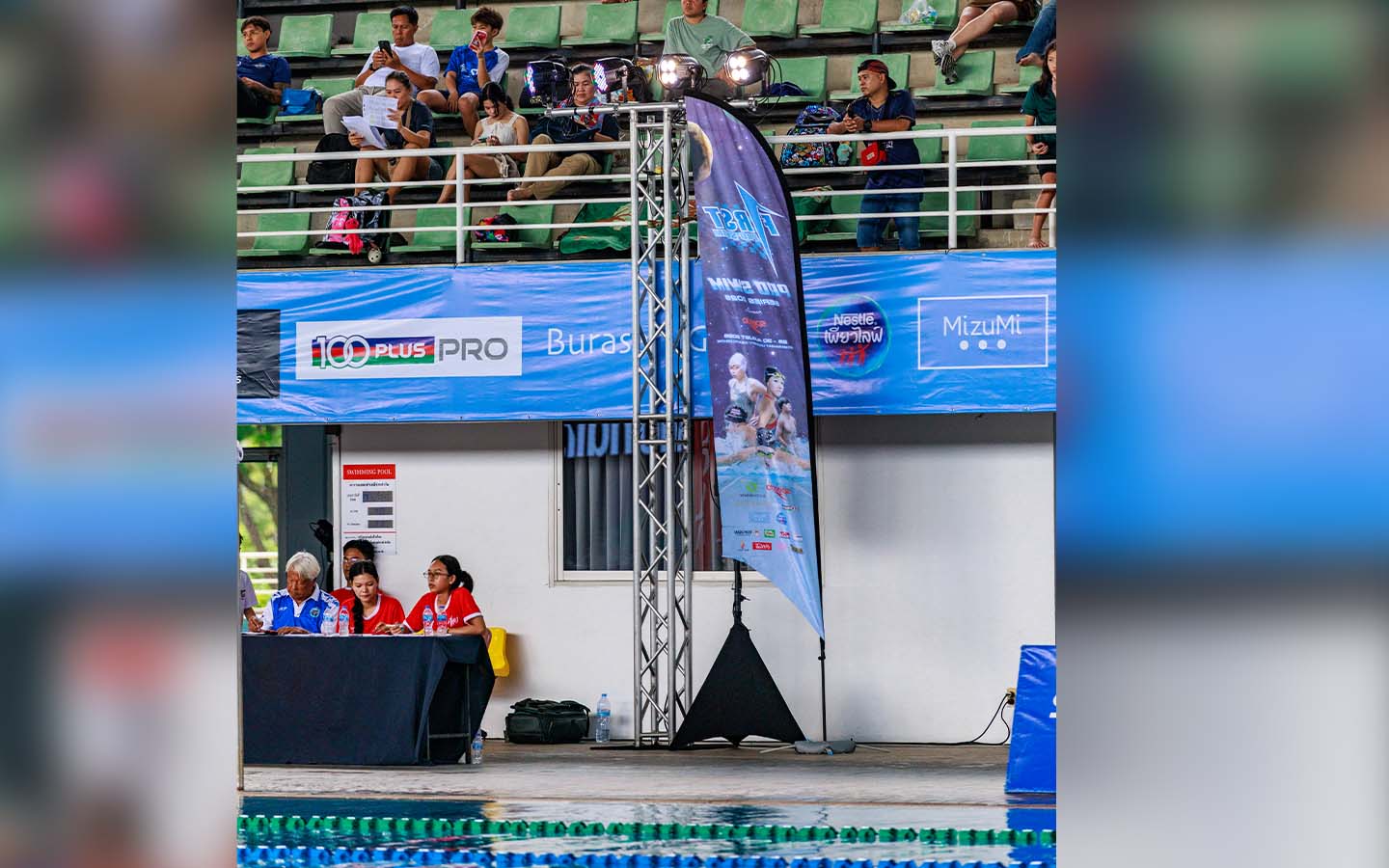 LED spotlight rig installed poolside at the F1RST Pro Swim Series
