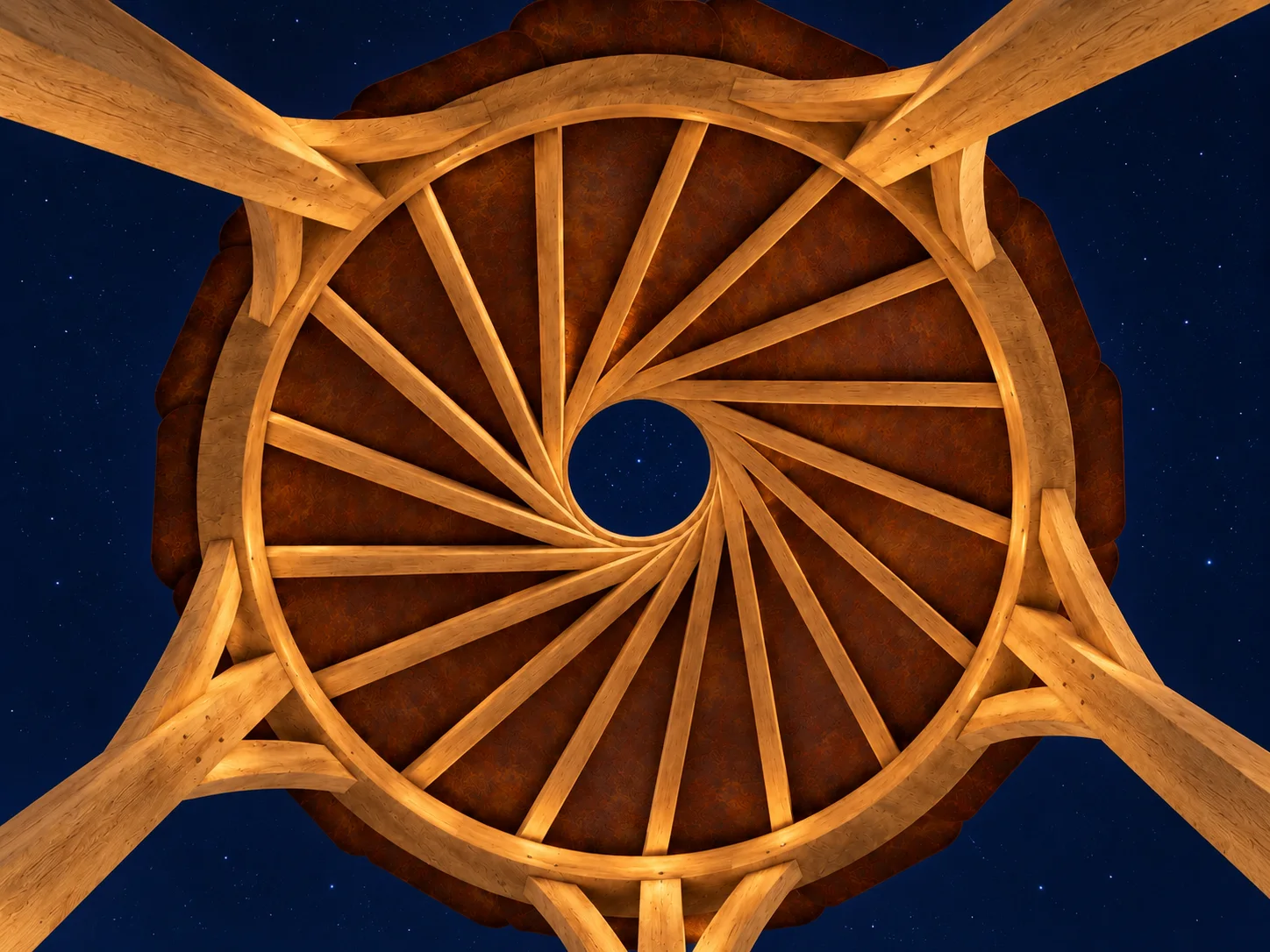 Looking up through the open centre of the Worl oak roof at night, with stars showing through the opening