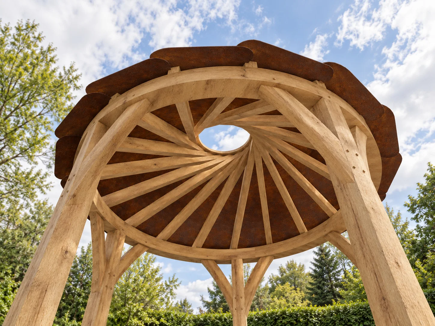 Looking up through the Worl roof into the trees and sky