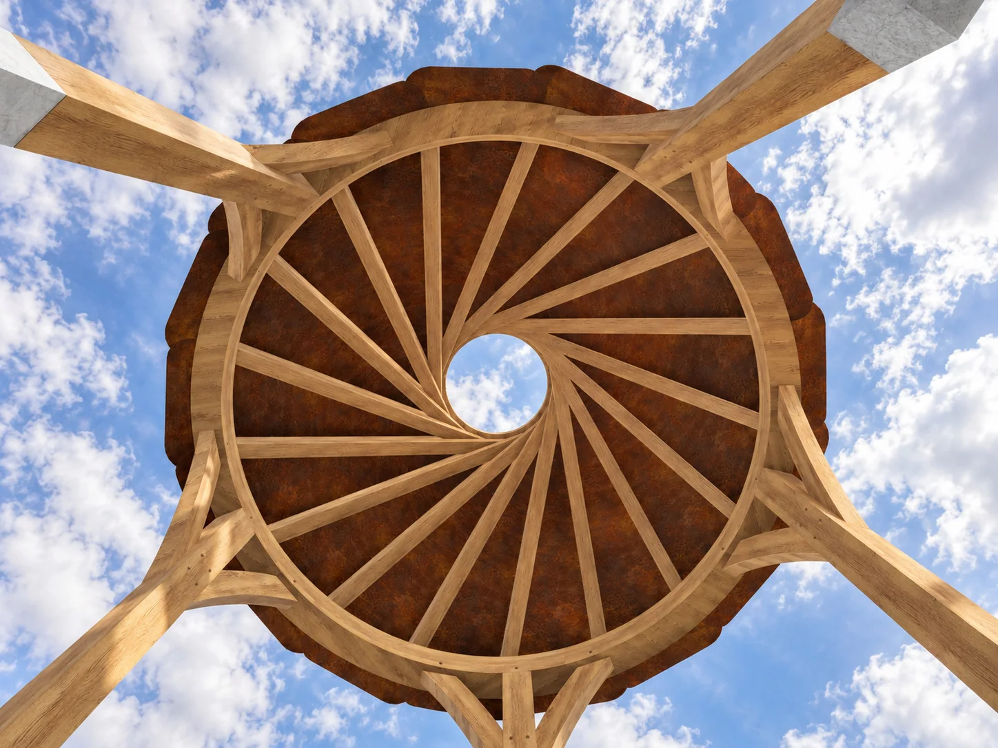 Worl oak rafters spiralling in to the open crown, seen from below