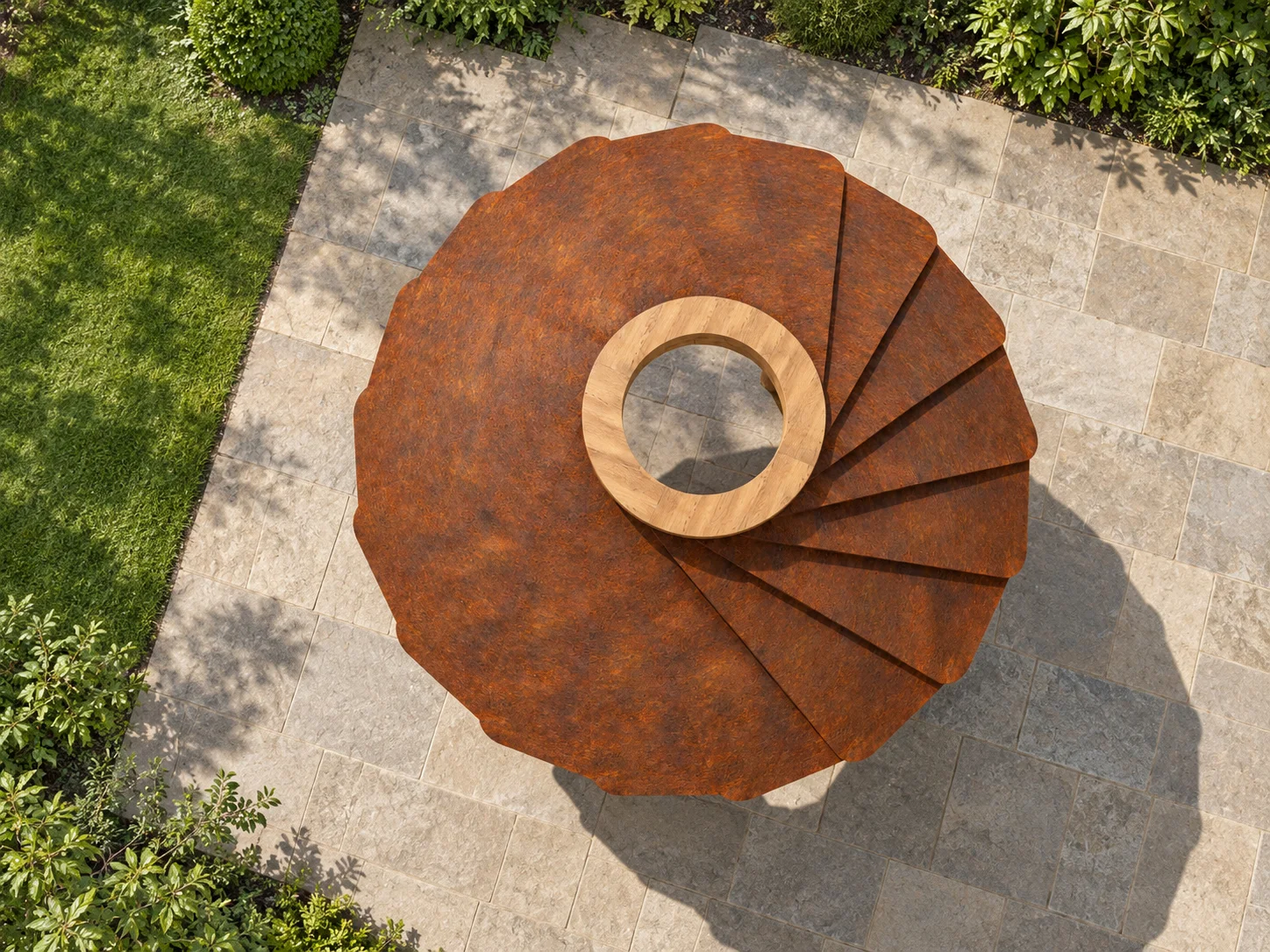 Worl seen from directly above, with the Corten roof spiralling round the open crown