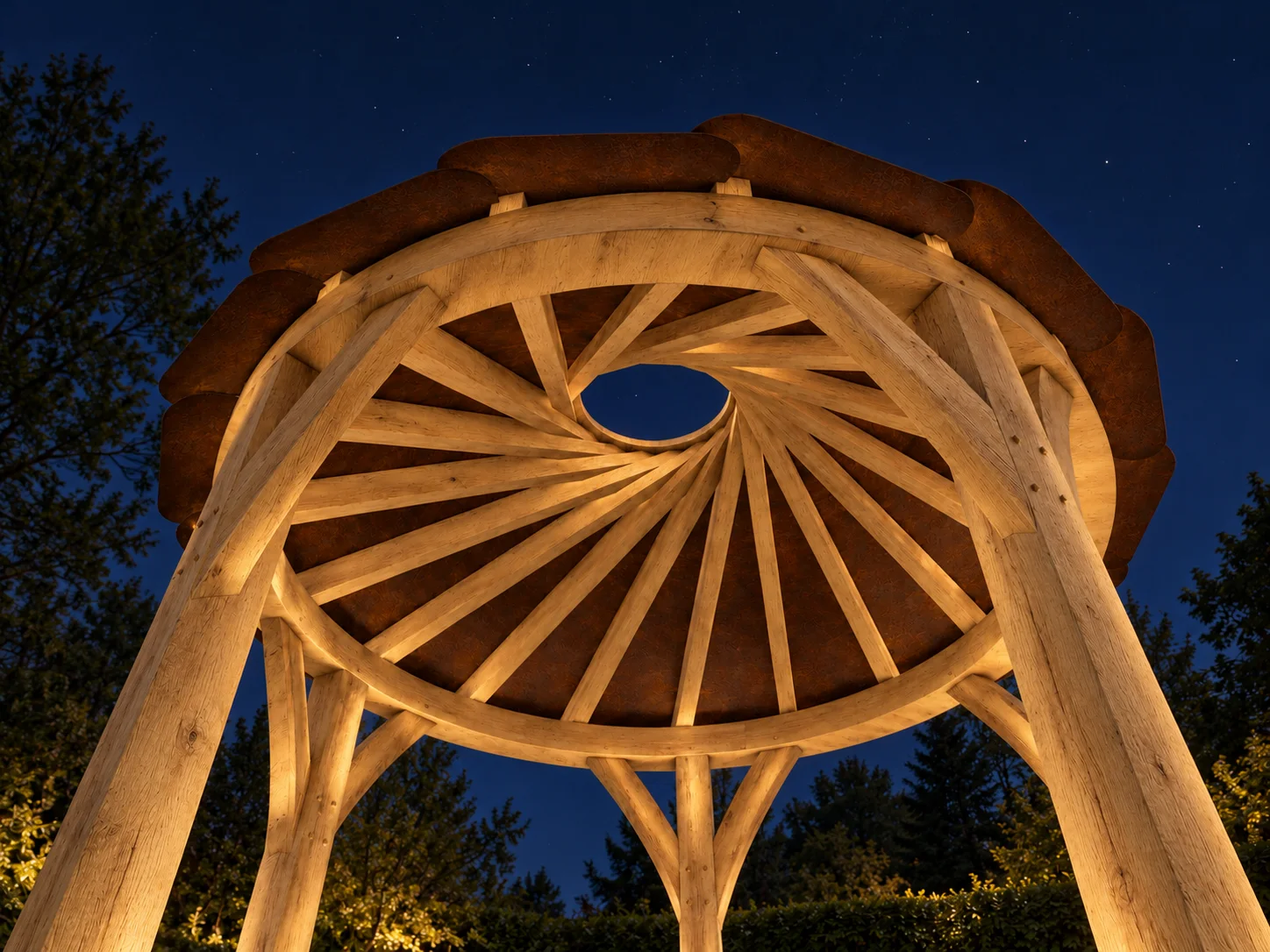 Looking up at night through the Worl roof, lit from below, with stars showing through the opening