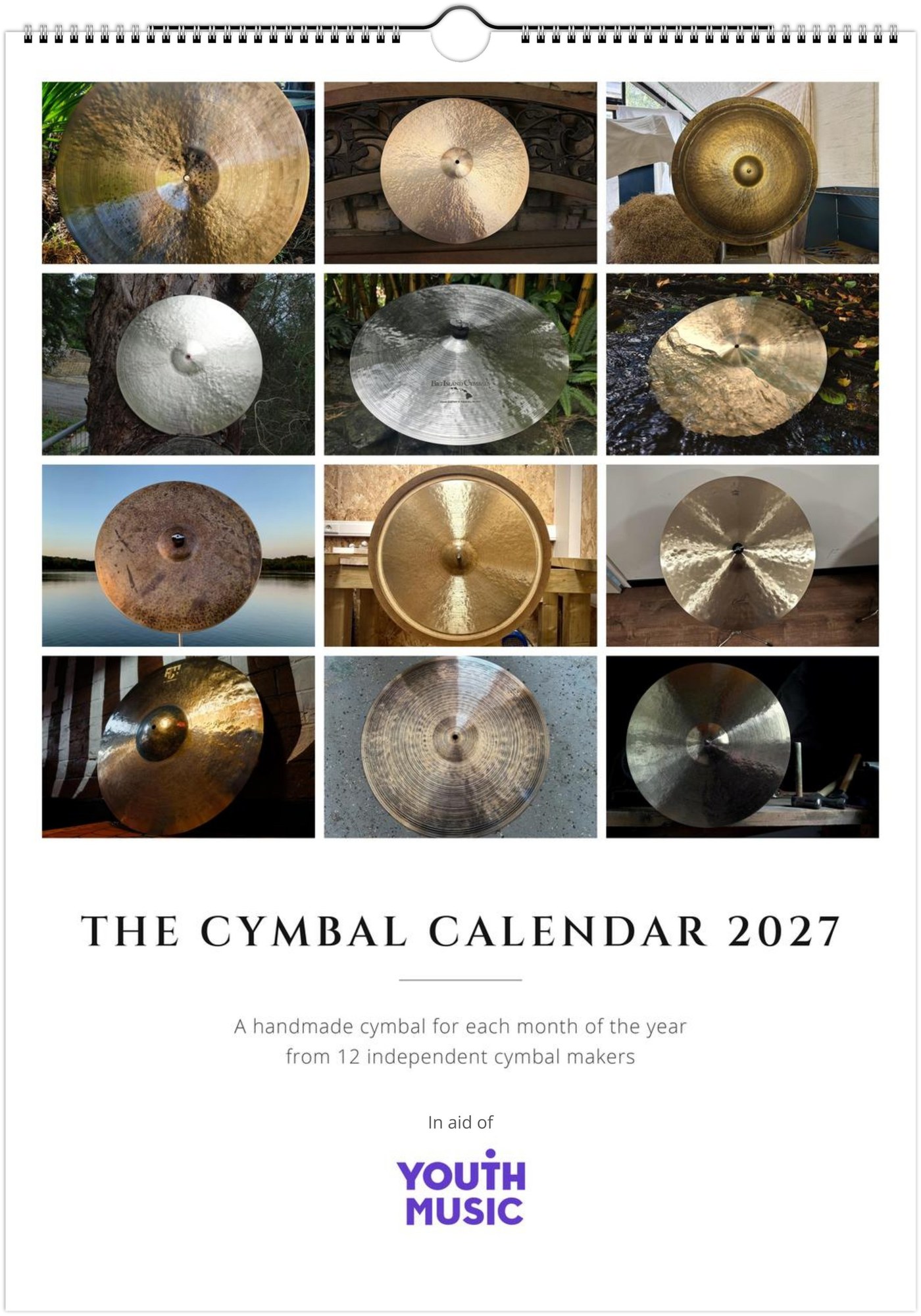 The Cymbal Calendar 2027 cover, twelve handmade cymbals, in aid of Youth Music