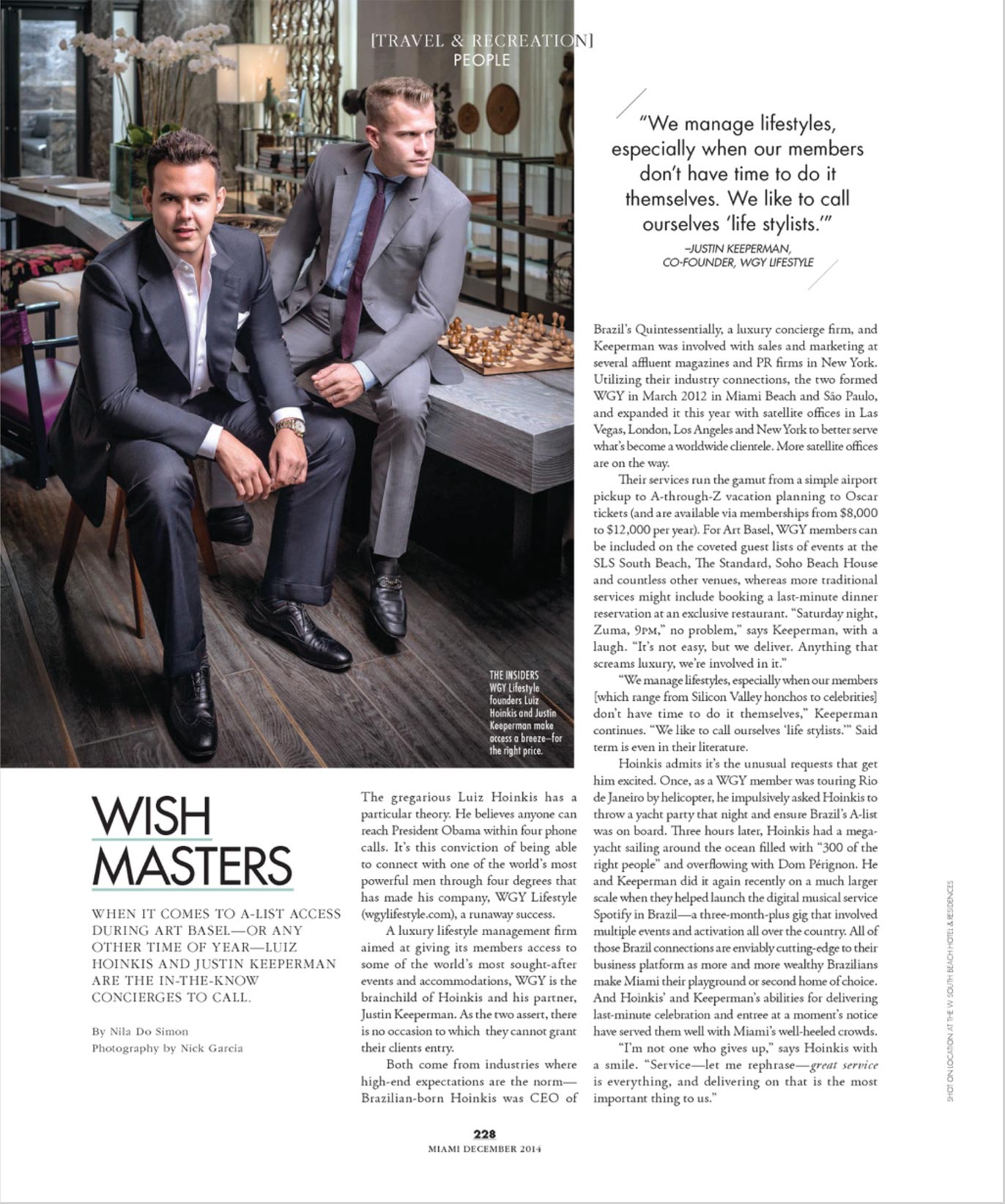 Wish Masters feature from Miami Magazine, December 2014, profiling Justin Keeperman