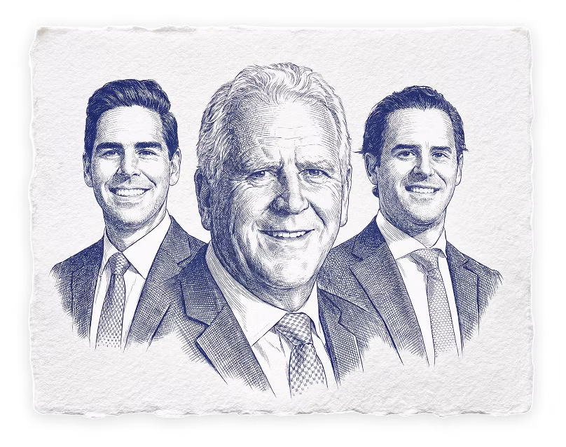 Hand-drawn portraits of Jason, Manny and Jared Pohl
