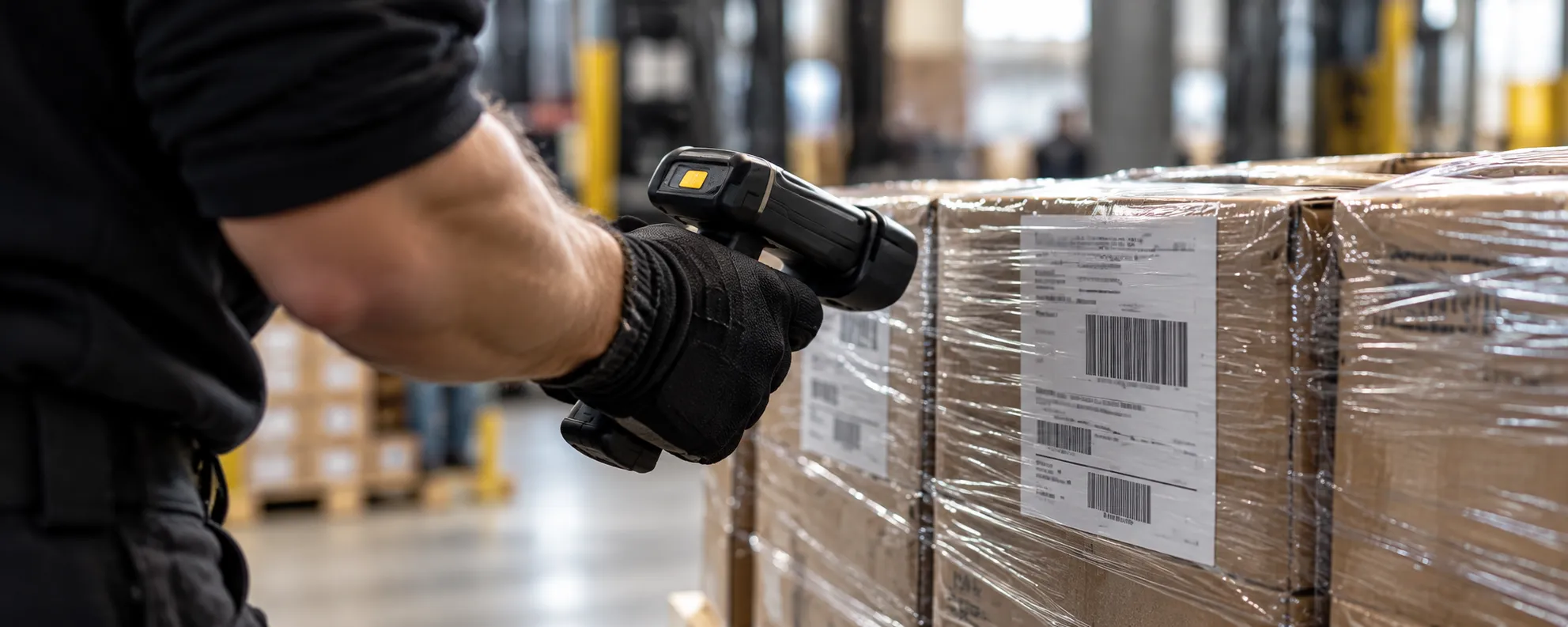 A shipment being checked with a handheld scanner