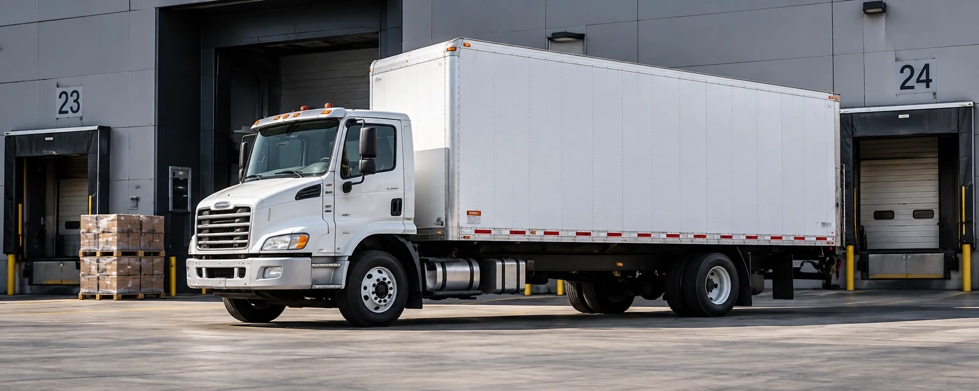 White box truck at a warehouse loading dock