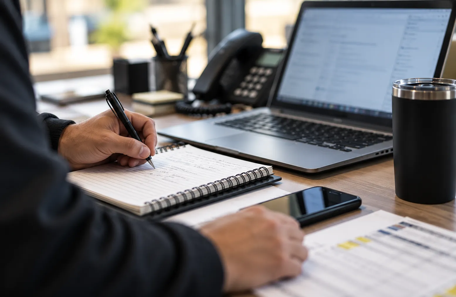 A dispatcher making notes beside a laptop and telephone