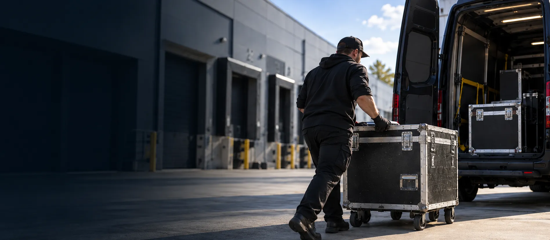 A courier moving an equipment case toward a van at a loading dock