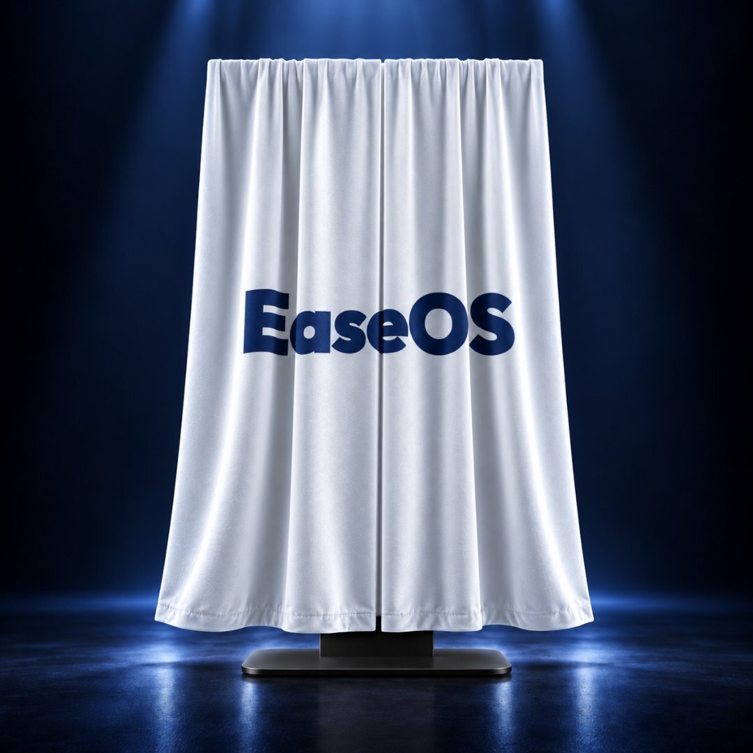 The new EaseOS AI Virtual Console behind a white curtain, ahead of its reveal at MSM's THE Show 2026 in Atlanta