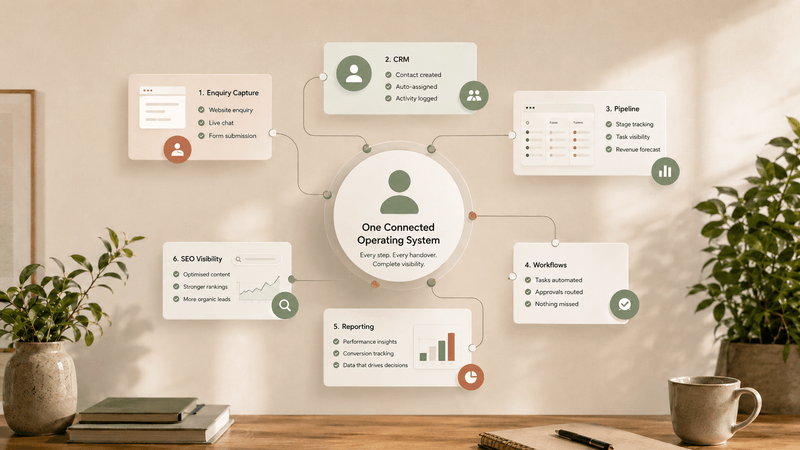 Connected systems graphic showing enquiry capture, CRM, pipeline, workflows, reporting and website visibility