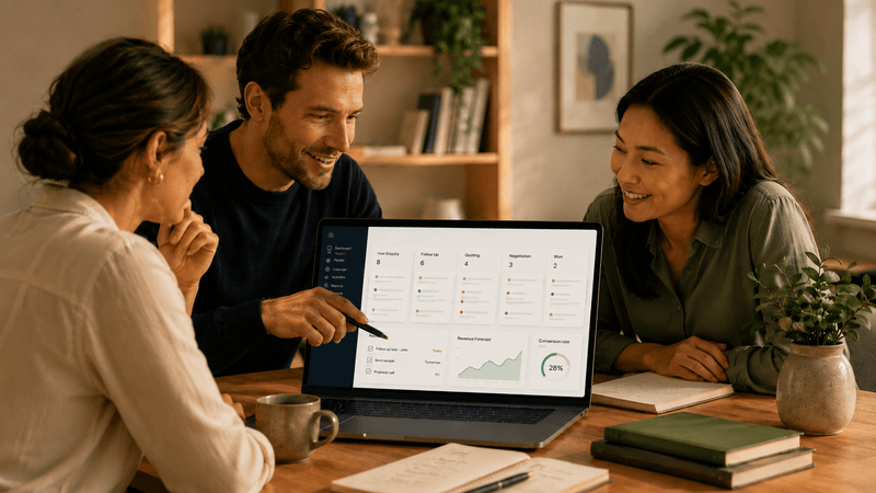 Consultant reviewing a CRM dashboard and enquiry workflow with a client