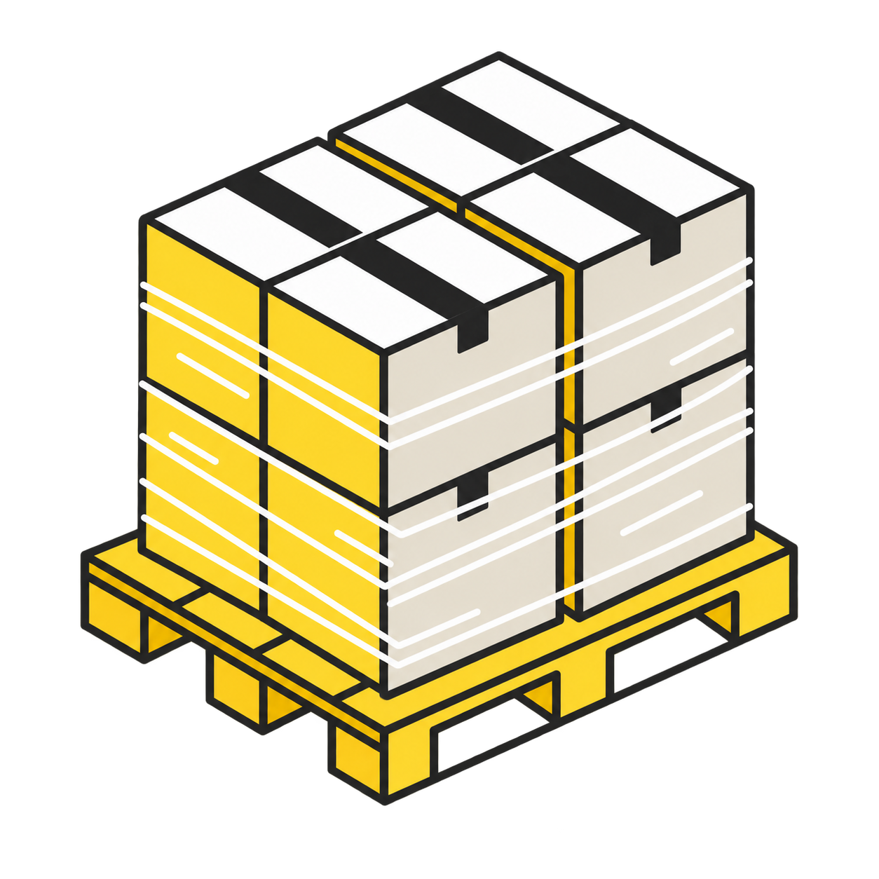 Illustrated pallet of packed and wrapped boxes