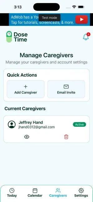 DoseTime Manage Caregivers screen showing one active caregiver with options to add or invite more