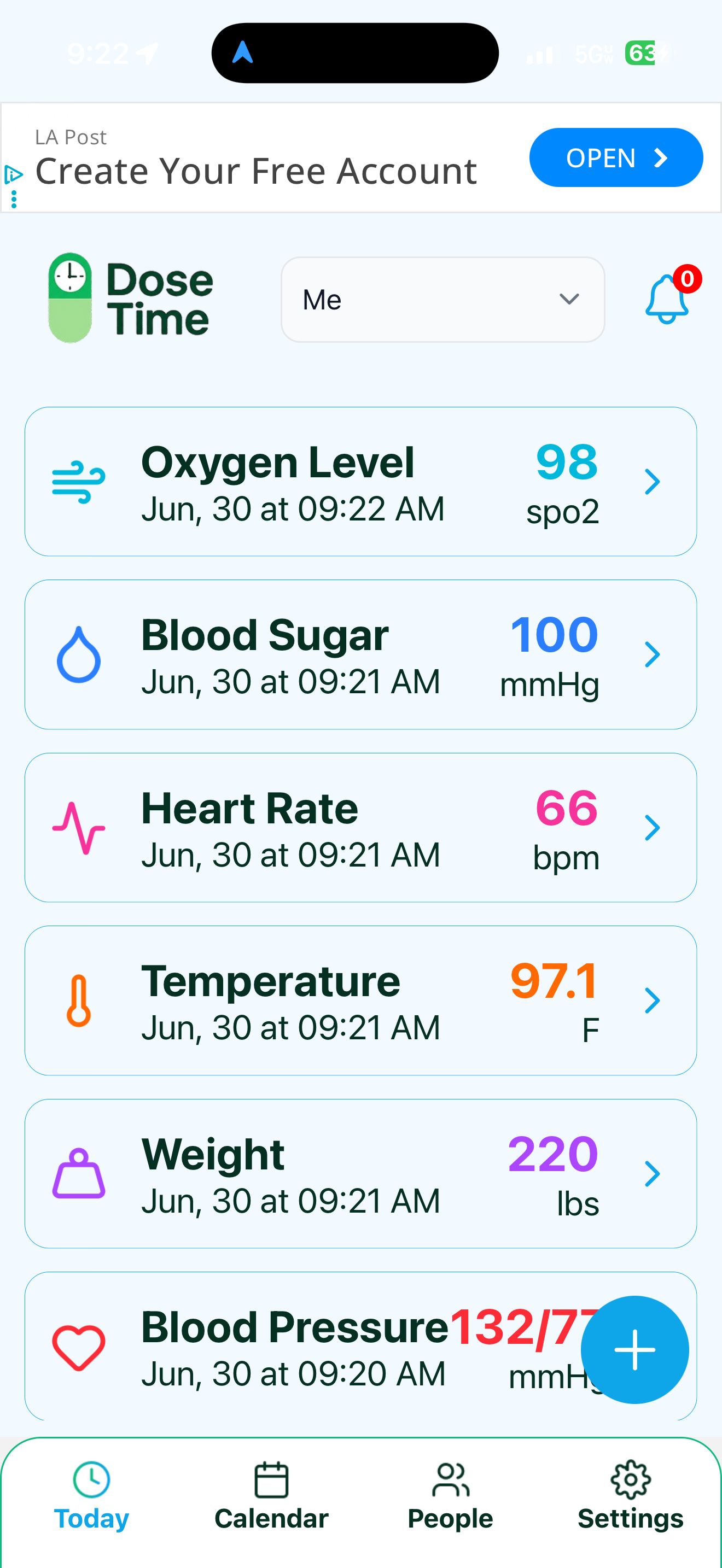 DoseTime today screen showing Ibuprofen 600mg every 8 hours with a green Take Now button