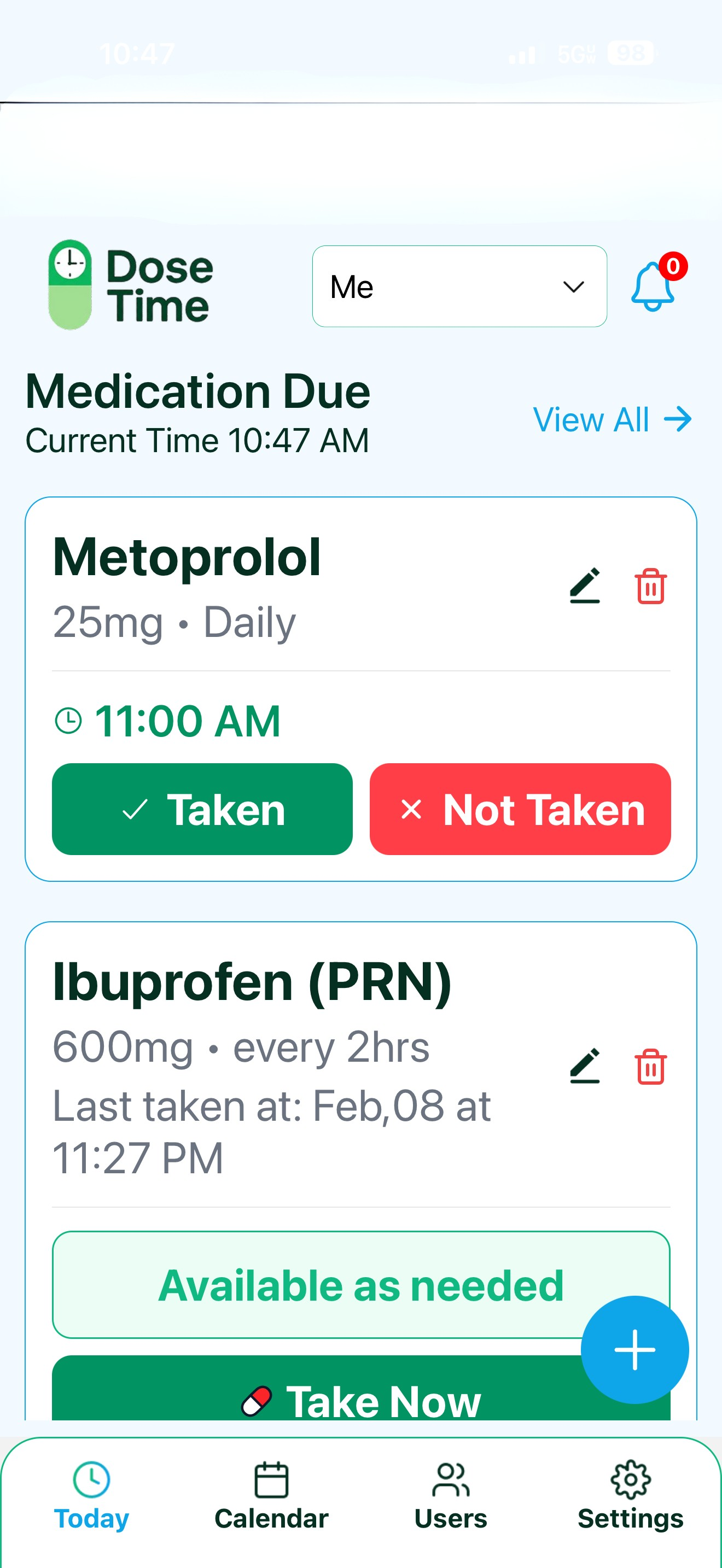 DoseTime calendar screen showing February 2026 with upcoming medications listed by time