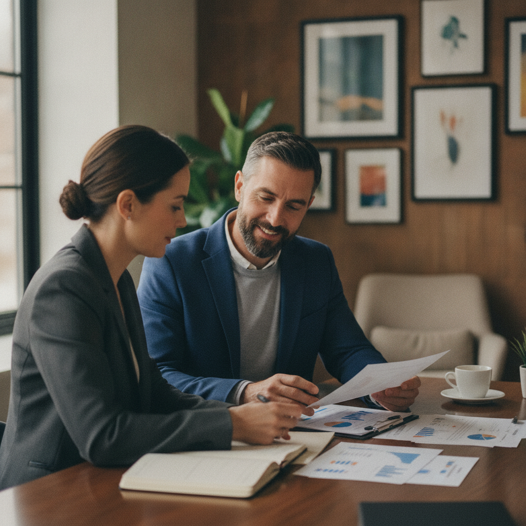 A prepared business owner reviewing a loan proposal with a trusted advisor