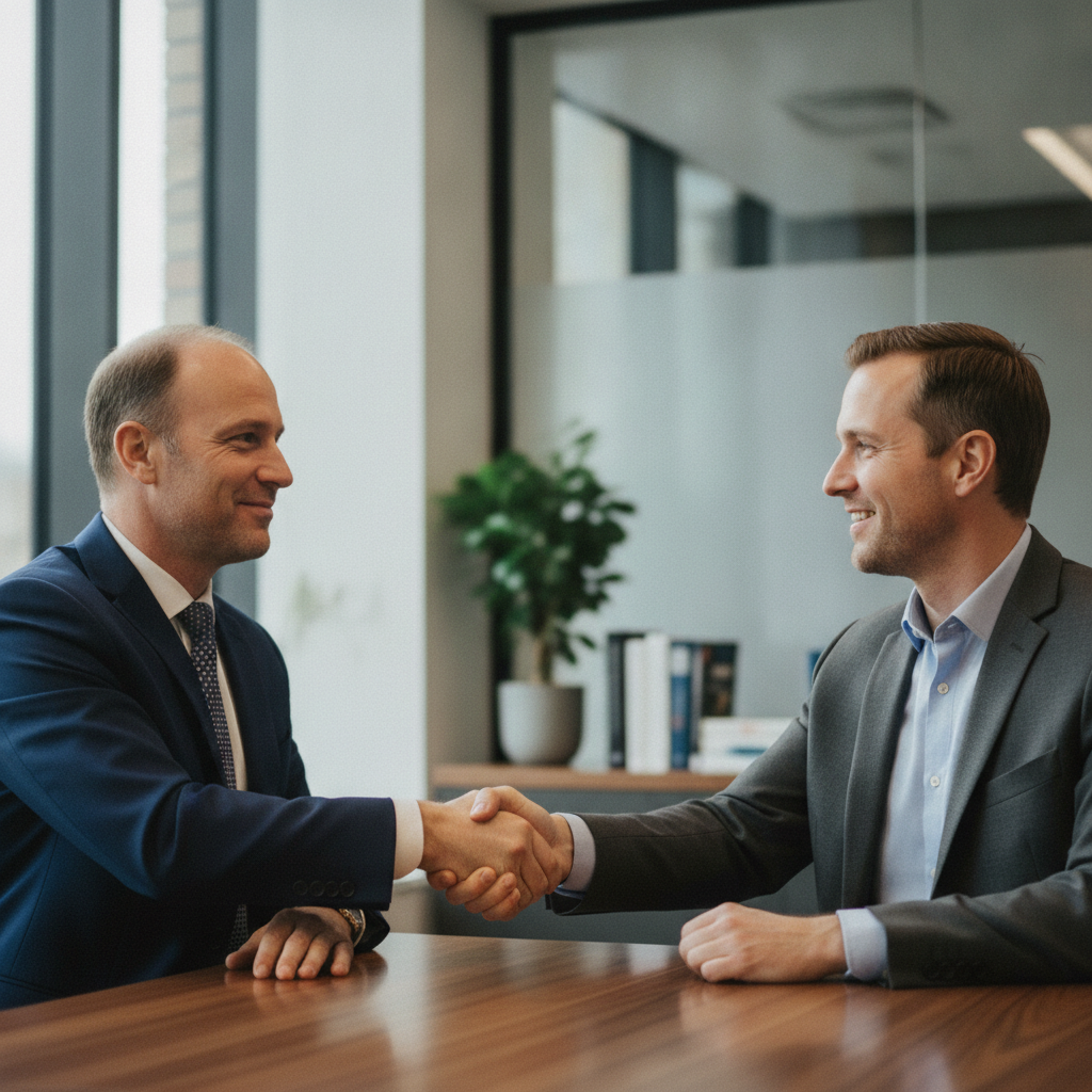A business owner and banker shaking hands after a loan approval