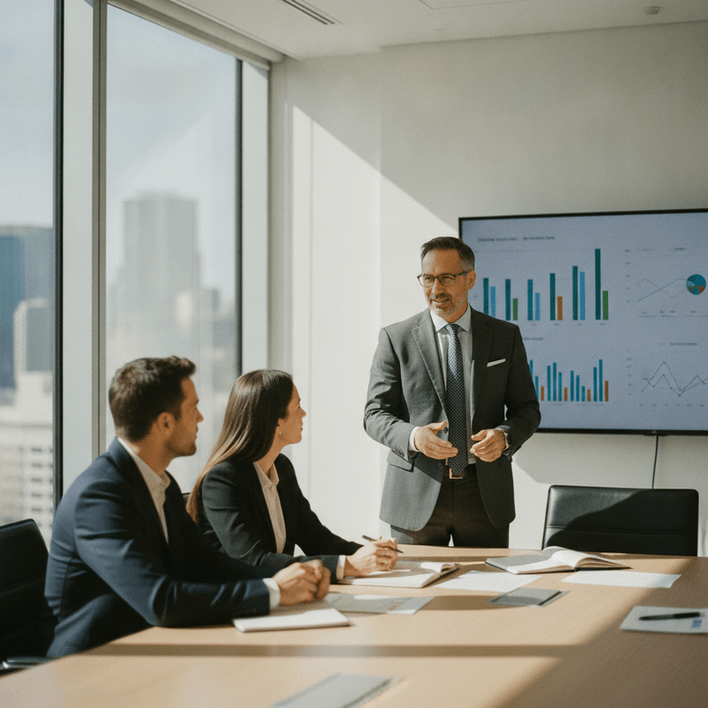A tax advisor leading a business strategy meeting