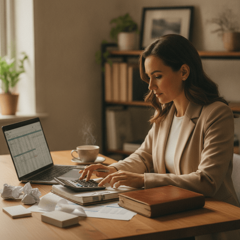 A bookkeeper working at a laptop with organized financials