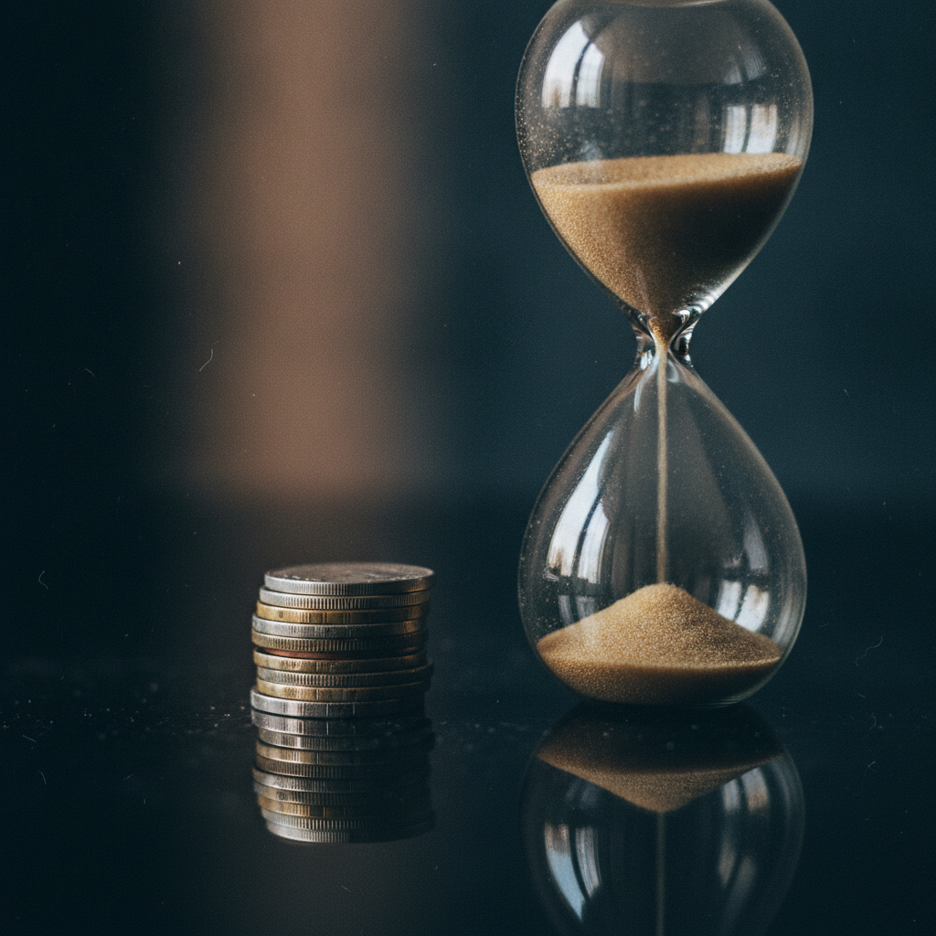 An hourglass running low beside coins