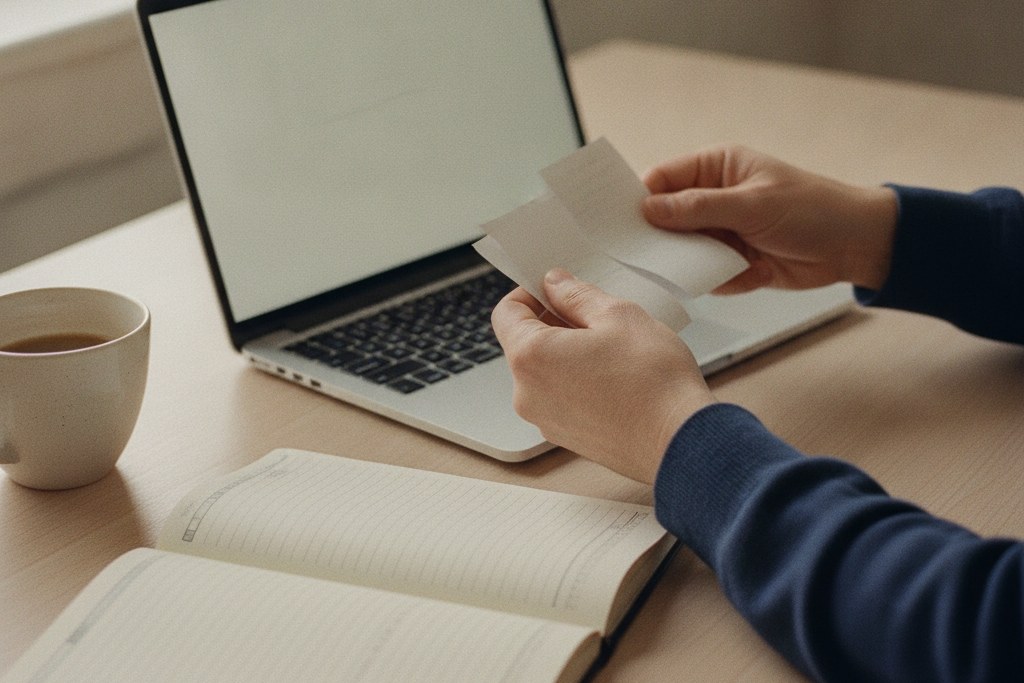 A bookkeeper sorting receipts and recording daily transactions