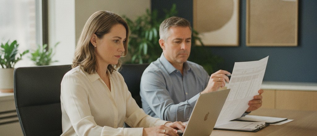 A bookkeeper recording transactions beside an accountant reviewing a financial statement