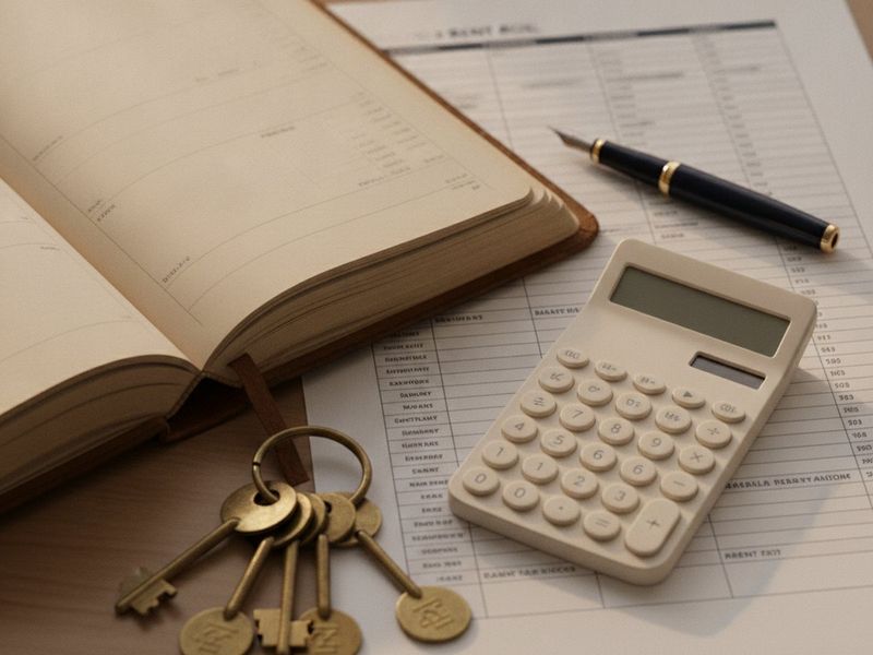 A real estate accountant’s desk with a ledger, rent roll and apartment keys