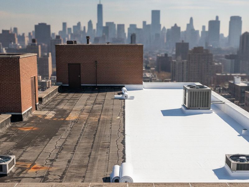 A New York rooftop with a newly installed roof membrane and HVAC units