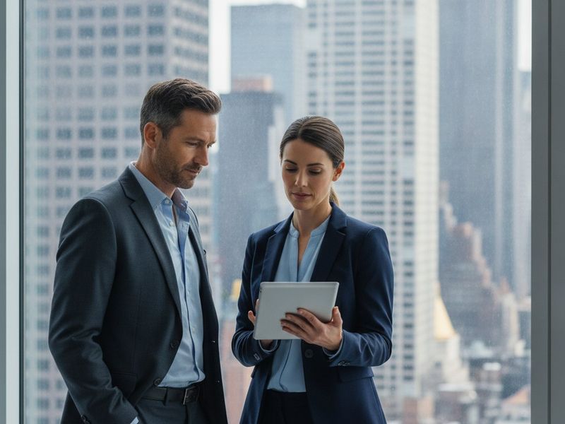 A real estate investor and an accountant reviewing figures at a window over Manhattan