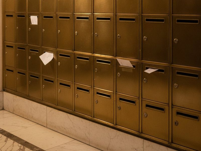 Brass apartment mailboxes in a New York lobby with rent envelopes