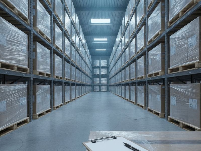 Pallets of boxed inventory in a warehouse aisle with a clipboard count in the foreground