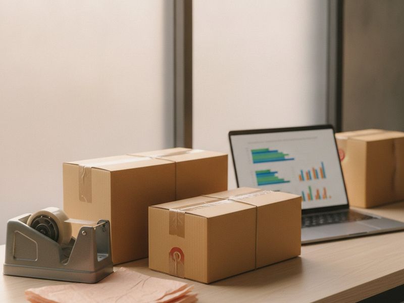 Packed orders on a fulfillment table beside a laptop showing store analytics